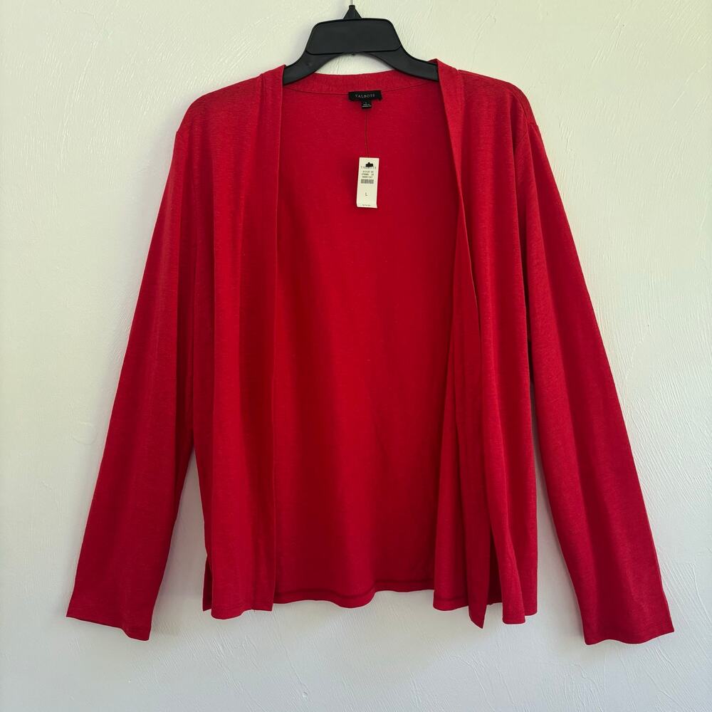 NWT Talbots Cardigan Large L Red Linen Blend Open Front Long Sleeve